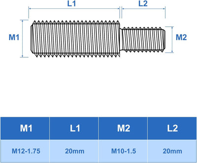 Perno espárrago doble M10x20mm a M12x20mm acero inox 12 pzas