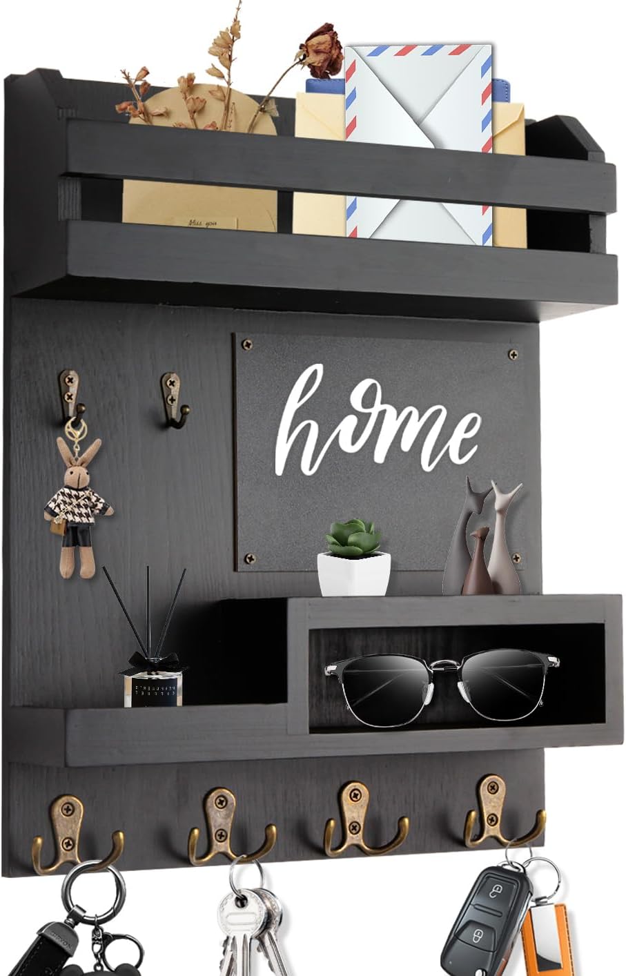 Soporte pared llaves madera maciza negro mate 12.5x16.5"