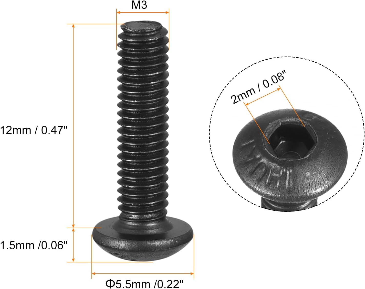 Tornillos cabeza botón hex M3x12mm acero aleación 50pzas
