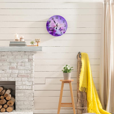 Reloj pared redondo 10pulg silencioso con flores moradas
