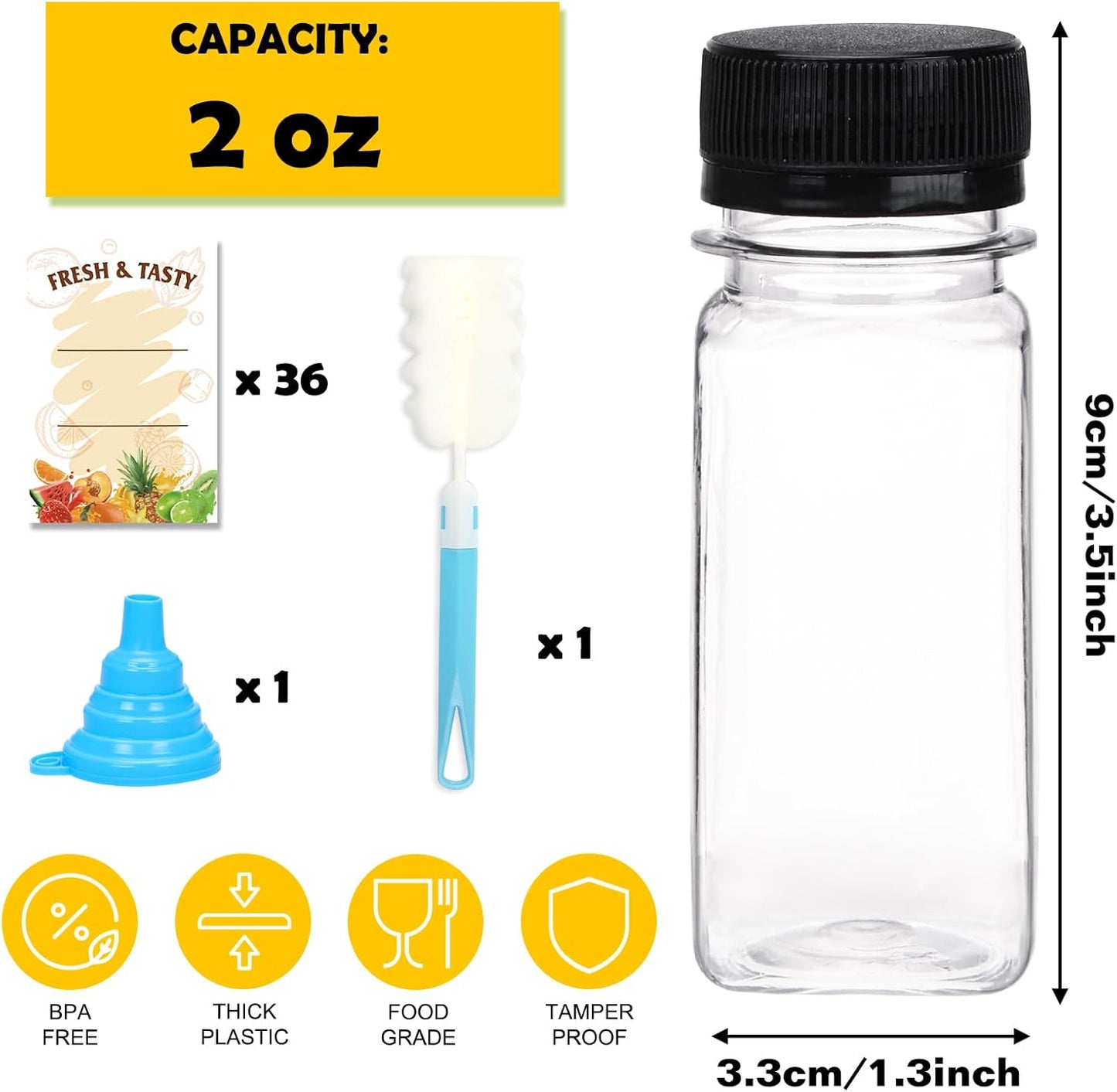 36 Botellas Plástico 2oz Con Tapas Reutilizables Transparentes