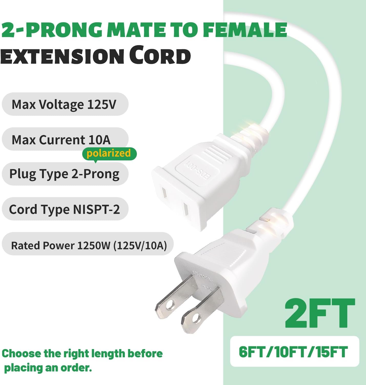 2 Cables Extensión 2ft Blancos 125v 10a para Humidificador