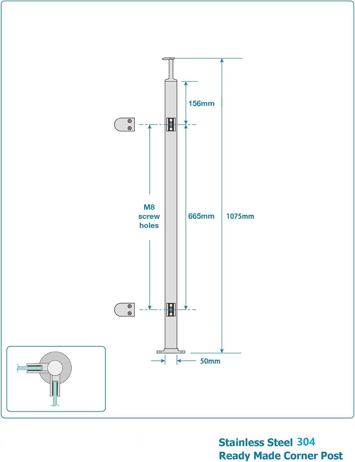 Poste barandilla vidrio acero inox 42x2x2 con acabado negro
