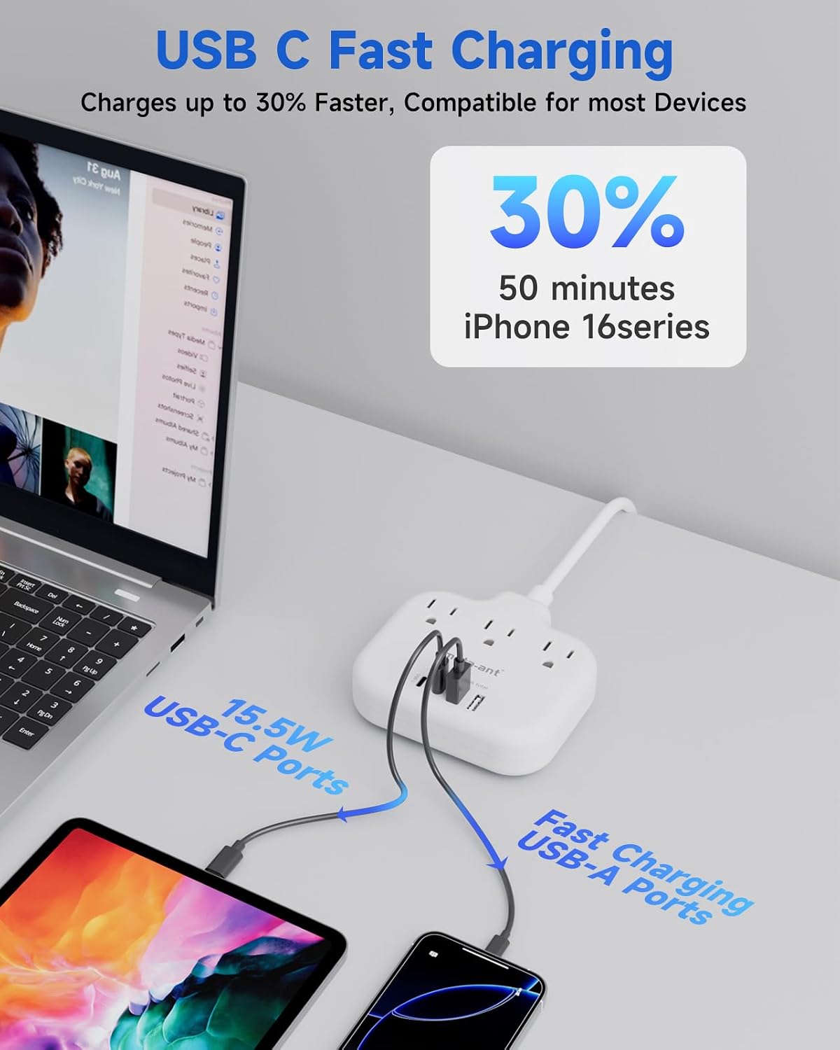 Adaptador 2 a 3 clavijas con 3 salidas y 4 USB 5ft blanco