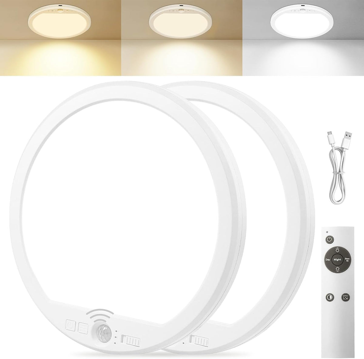 2 Luces Techo Recargables Sensor Movimiento Control Remoto