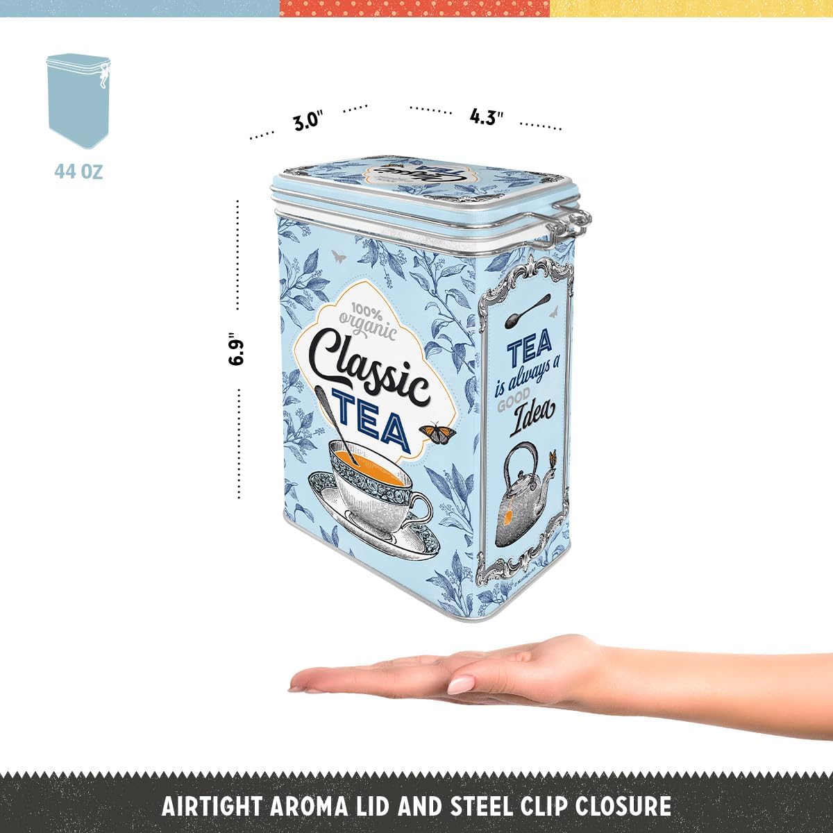Caja lata té retro 44oz diseño vintage con cierre metálico