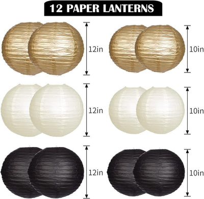Faroles chinos redondos colgantes 12 luces LED oro negro pack 12