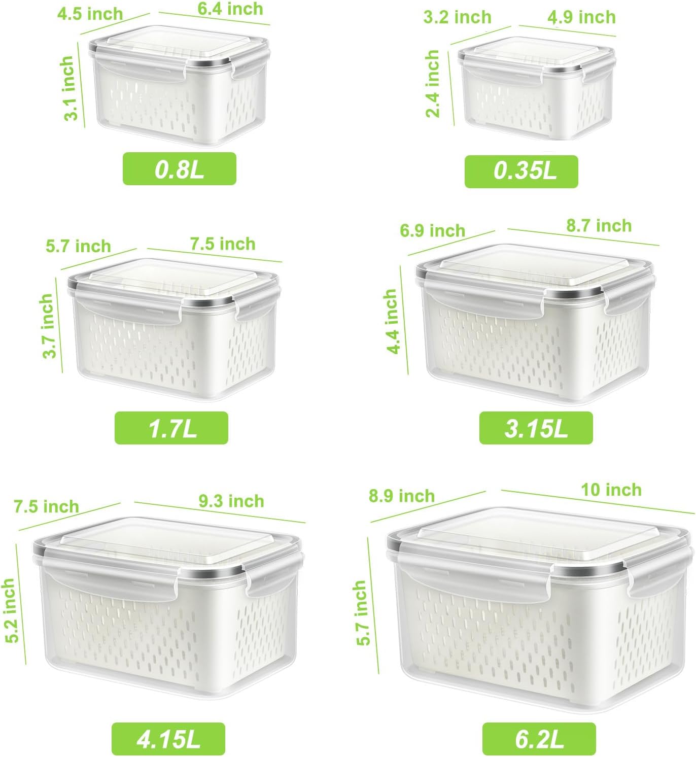 6 Pzas Contenedor Frutas Verduras con Colador Refrigerador