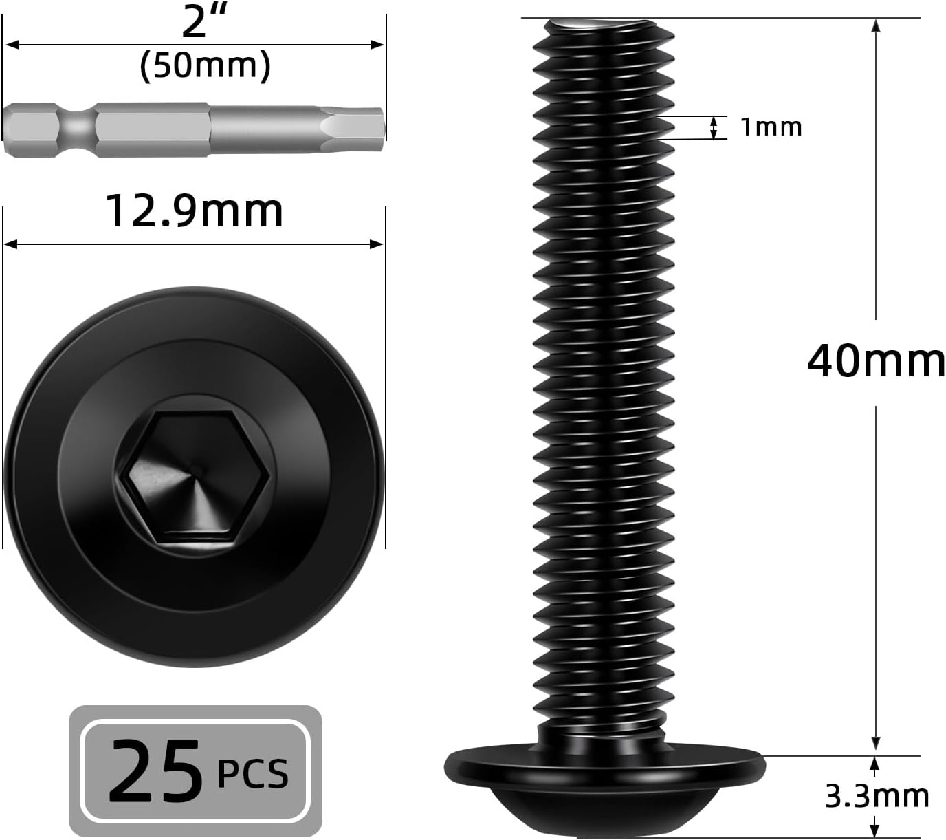 25 Pzas Pernos Botón Acero Inox 304 Rosca 1.0x40mm Negro