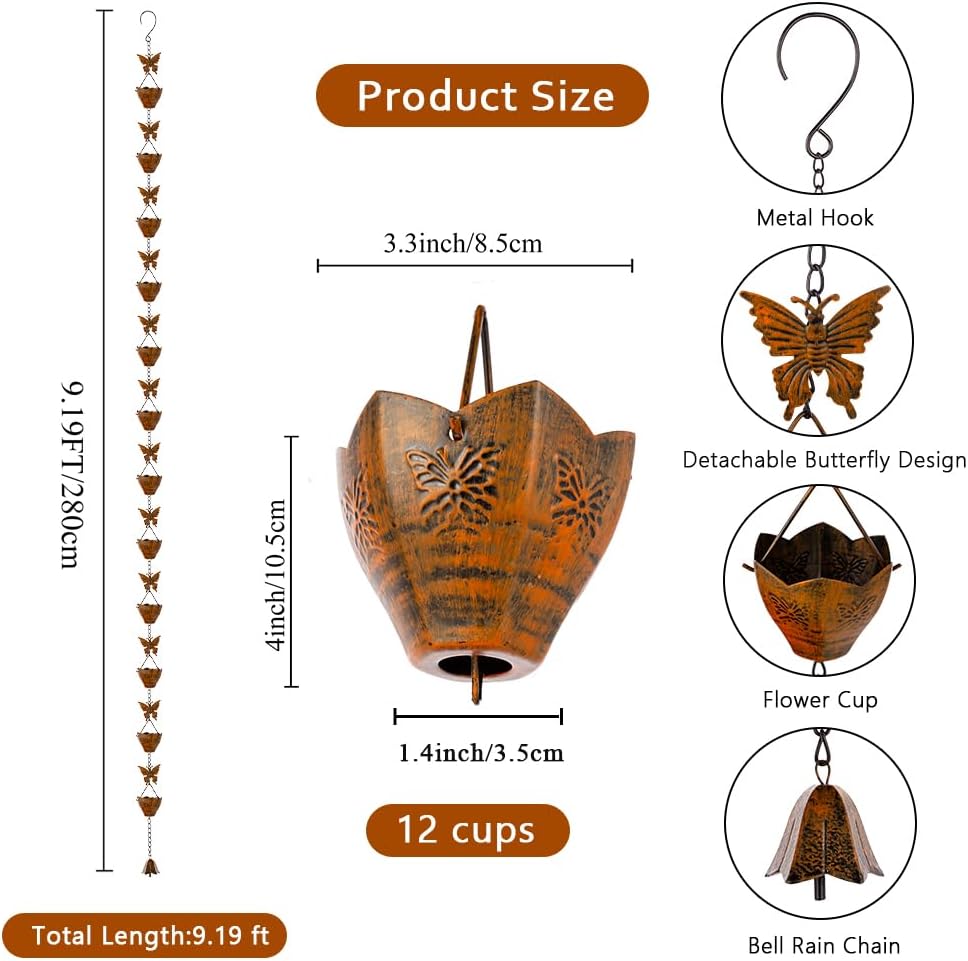 Cadena lluvia 9.2ft 12 copas mariposa ajustable para canalones