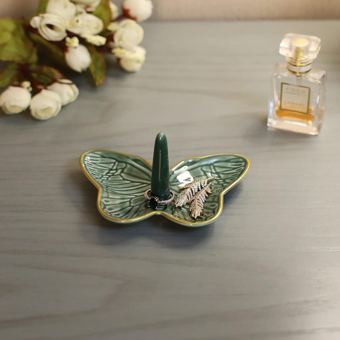 Soporte anillos mariposa decorativo cerámica verde