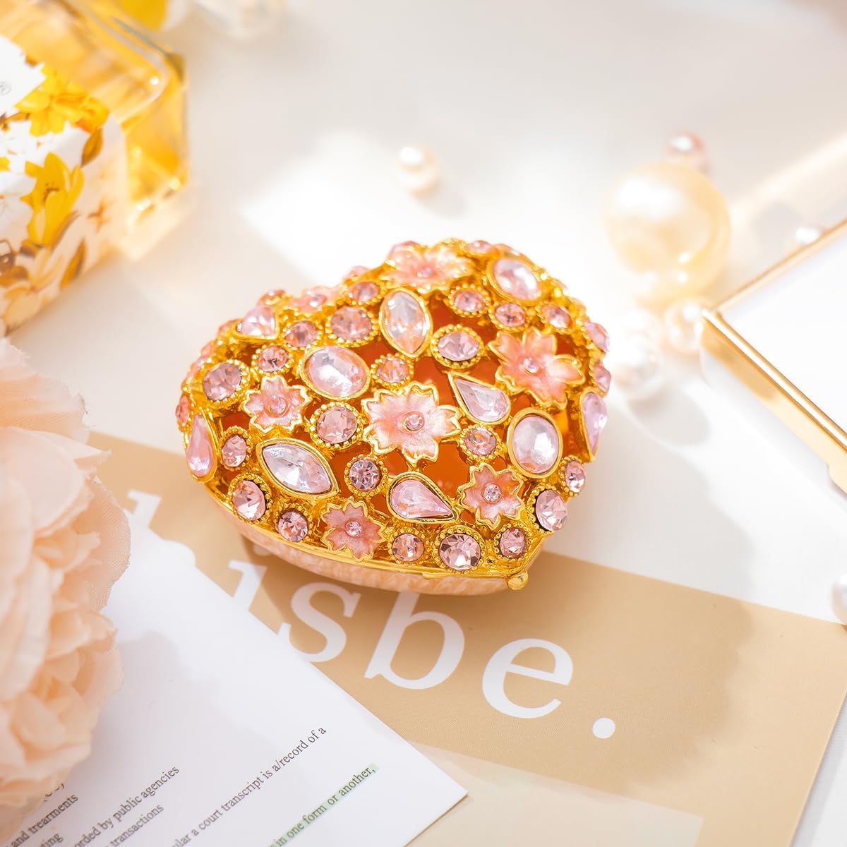 Caja esmaltada corazón rosa joyero anillo pendiente