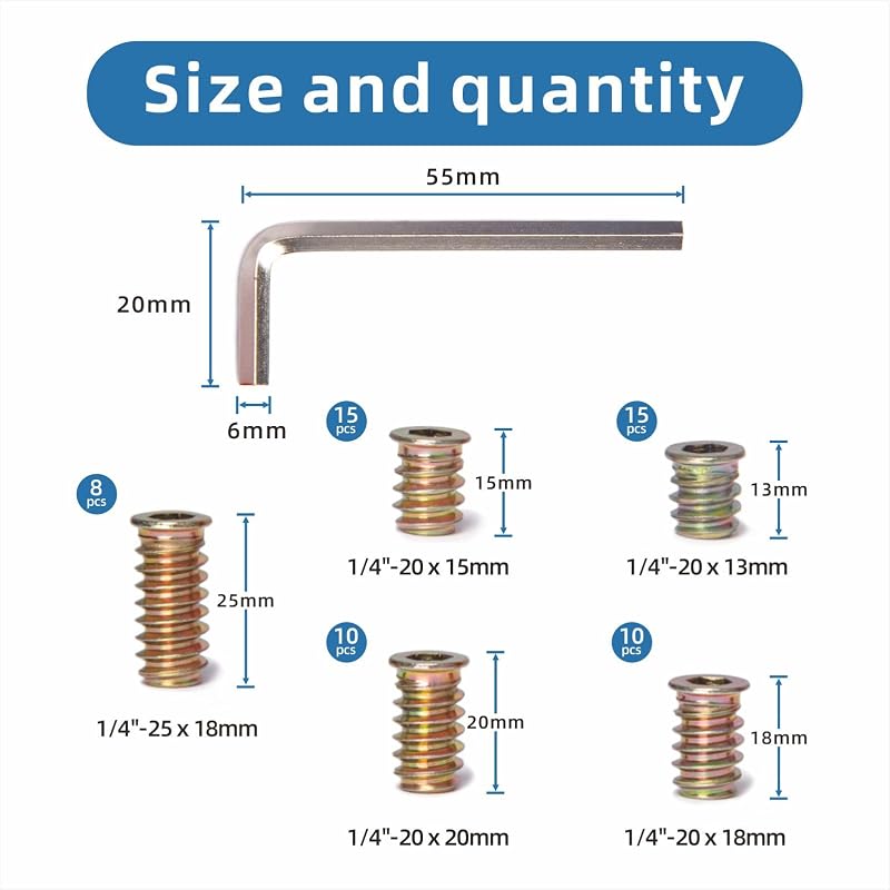 Kit 58 Pzas Insertos Roscados 1/4-20 para Muebles de Madera