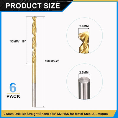 6 Brocas M2 Acero Velocidad Alta TiN 2.6mm Metal Duro