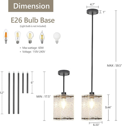 Luces colgantes vidrio ondulado negro para cocina ajustables set 2
