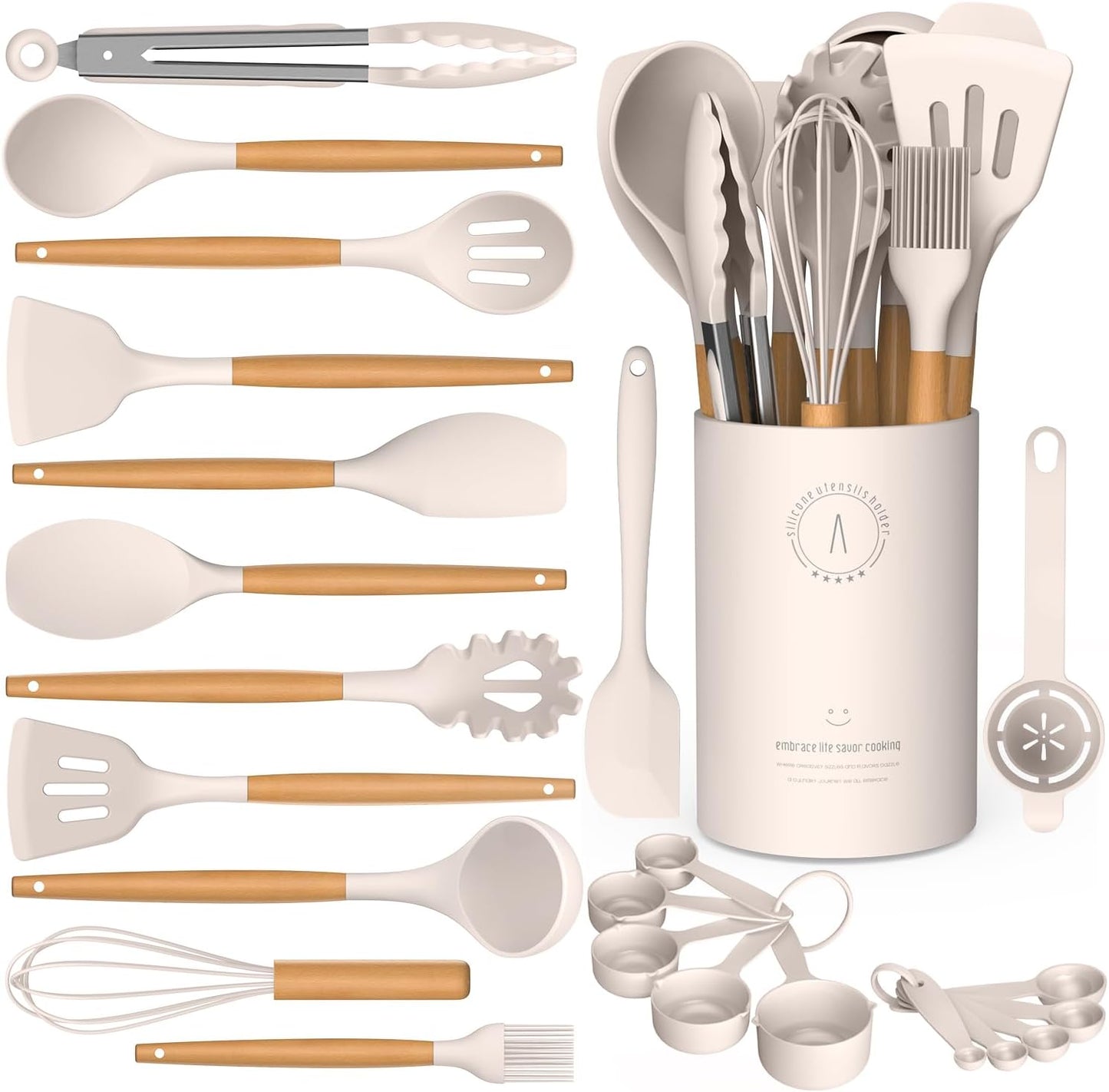 Set espátulas silicona asas madera resistente 446°F caqui