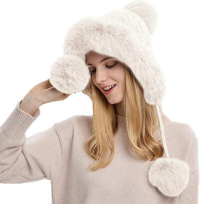 Gorro invierno mujer piel sintética orejeras pompones