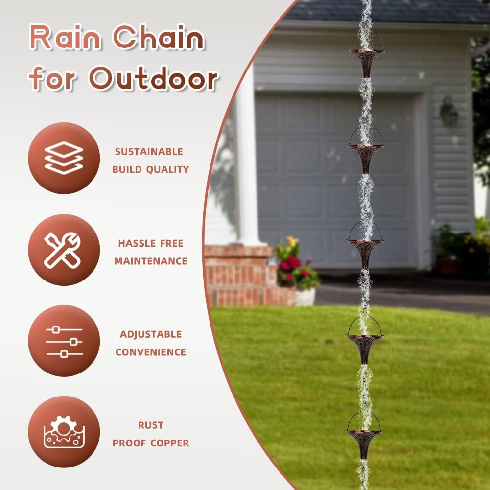 Cadena lluvia exterior 9.7ft 10 copas embudo metal marrón