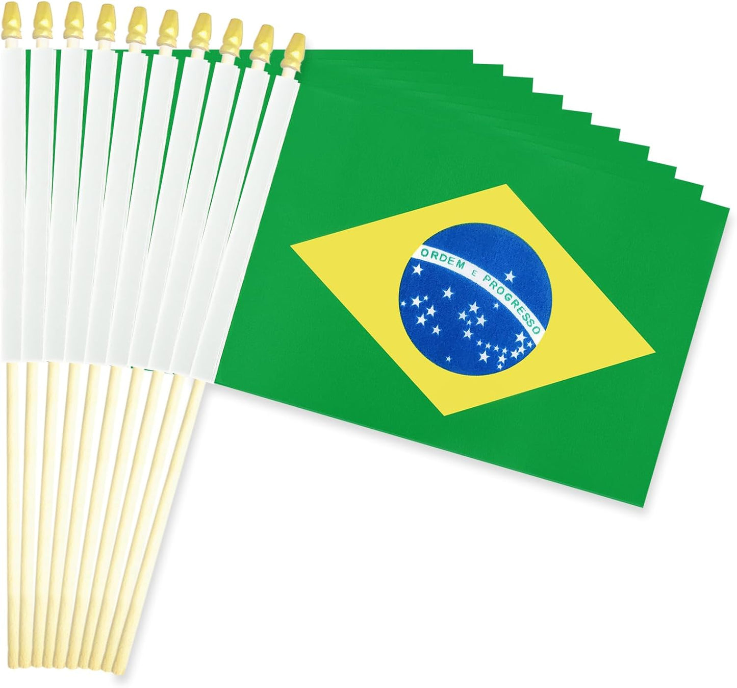 20 Banderas Brasil 5x8pulg en Palo Madera Tapa Dorada