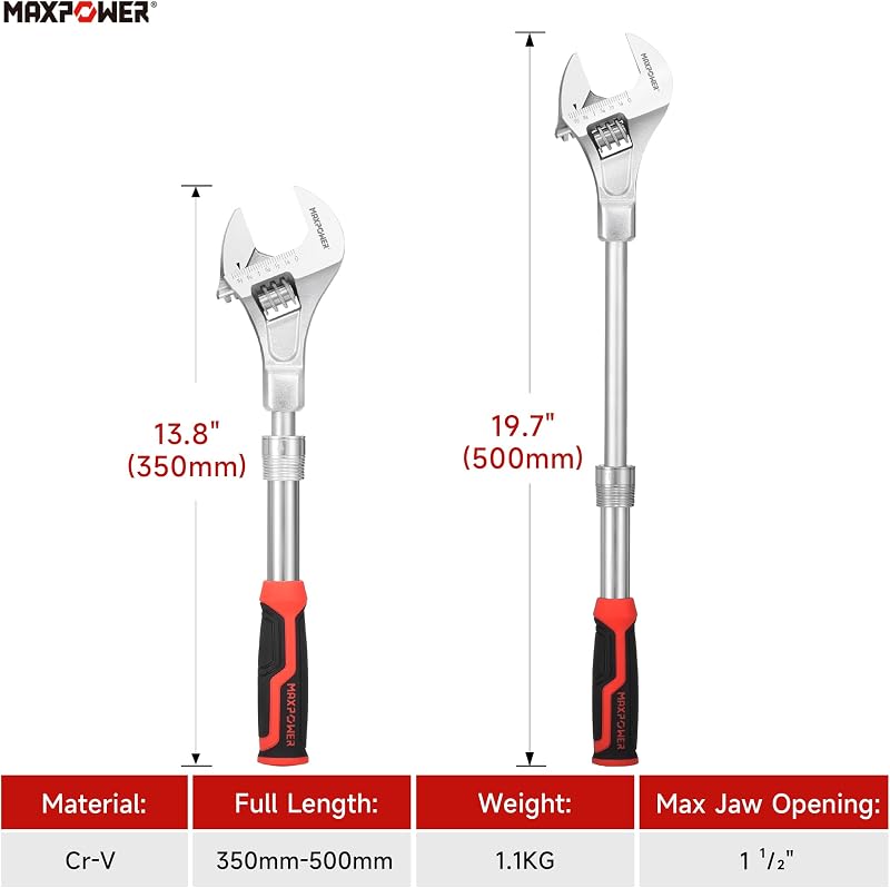 Llave ajustable extensible vástago 13.8-19.7pulg mango suave