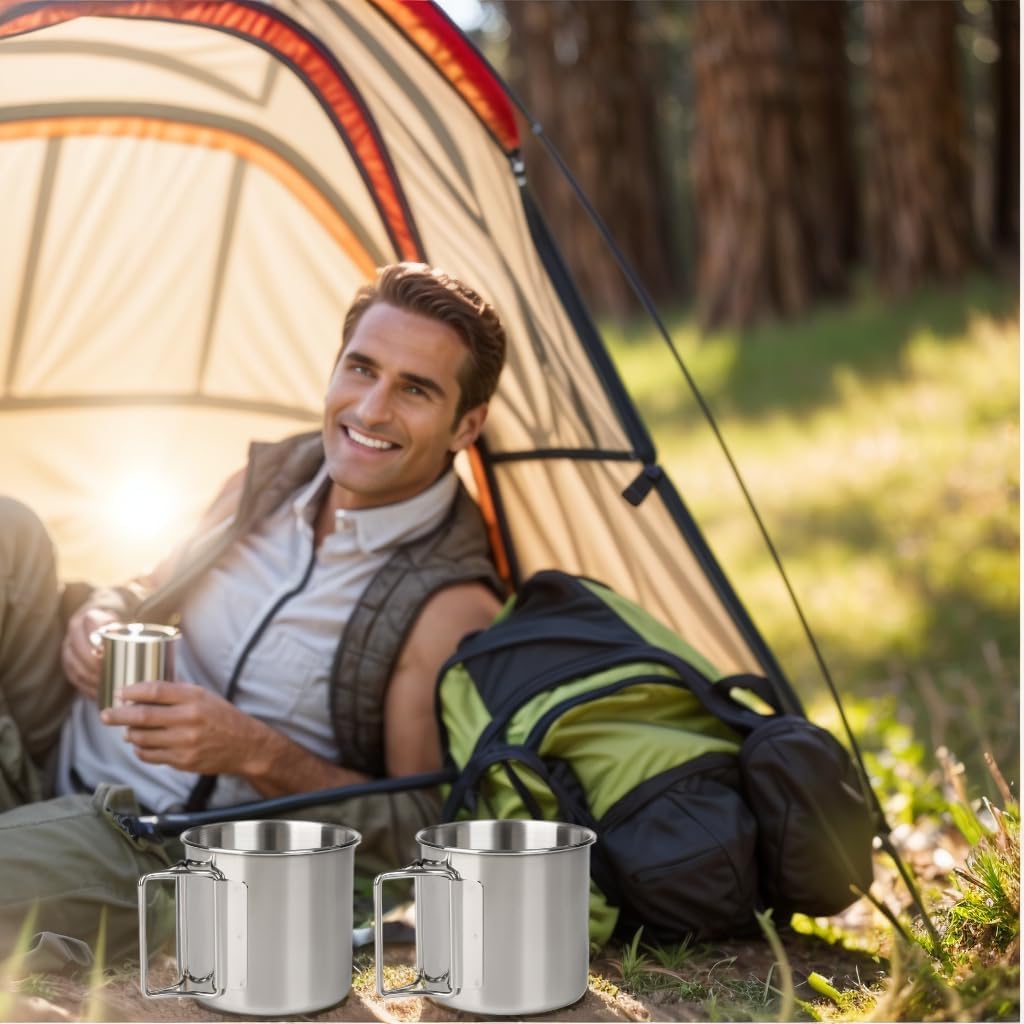 Tazas camping acero inox asas plegables 12oz plateado