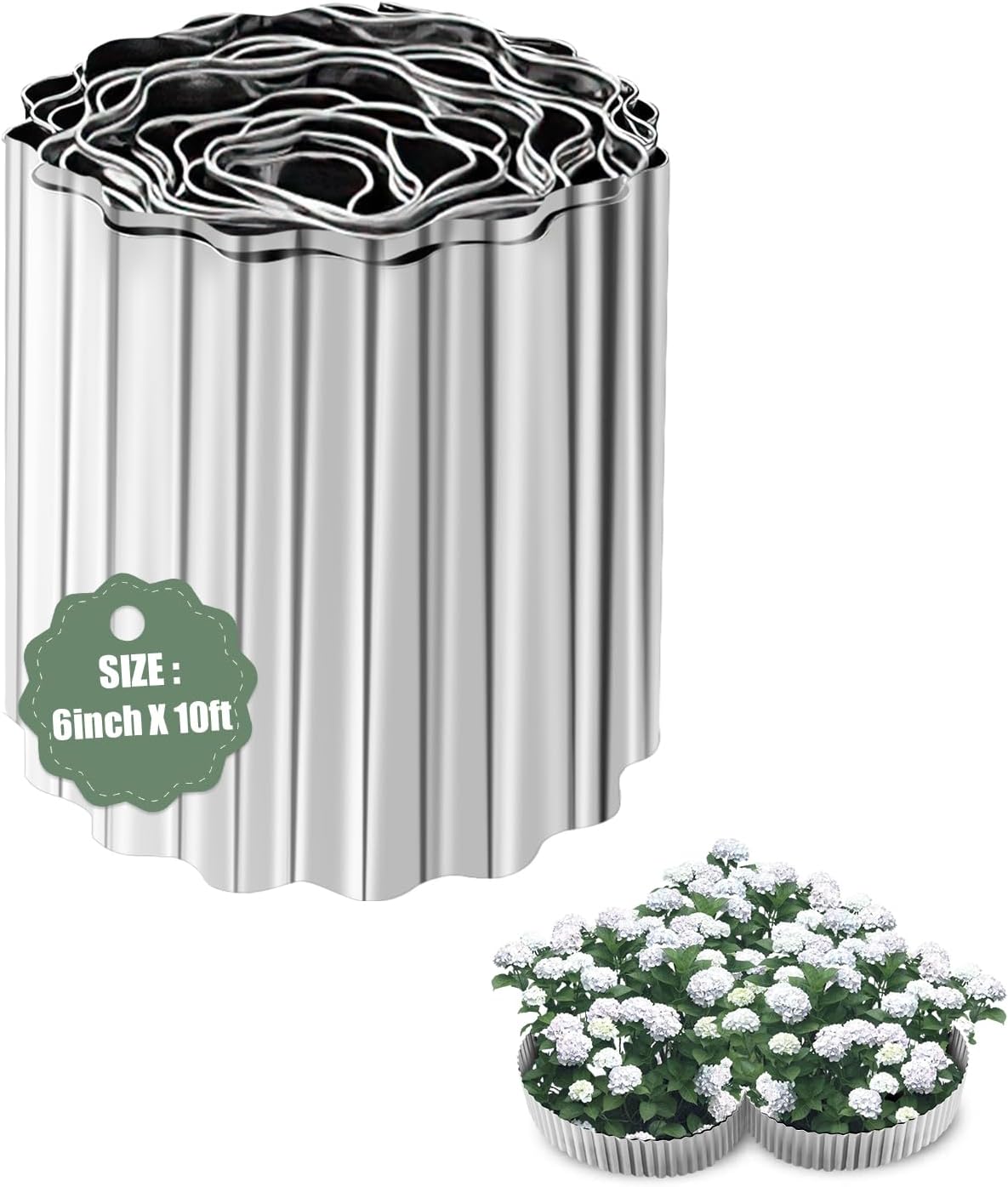 Borde metal corrugado jardín 6pulg x10ft plateado