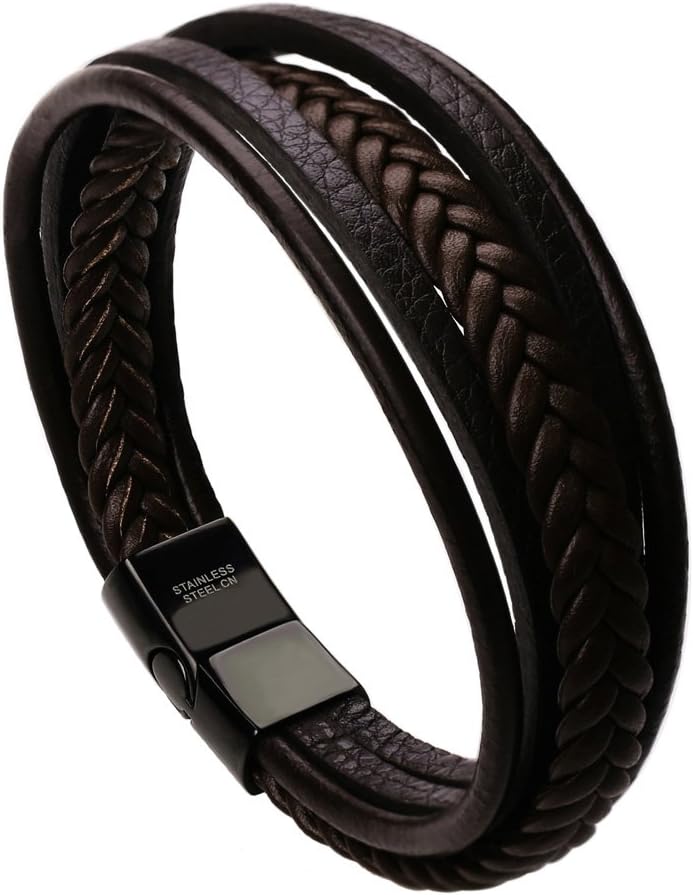 Pulsera cuero vacuno con hebilla multi capa hombre