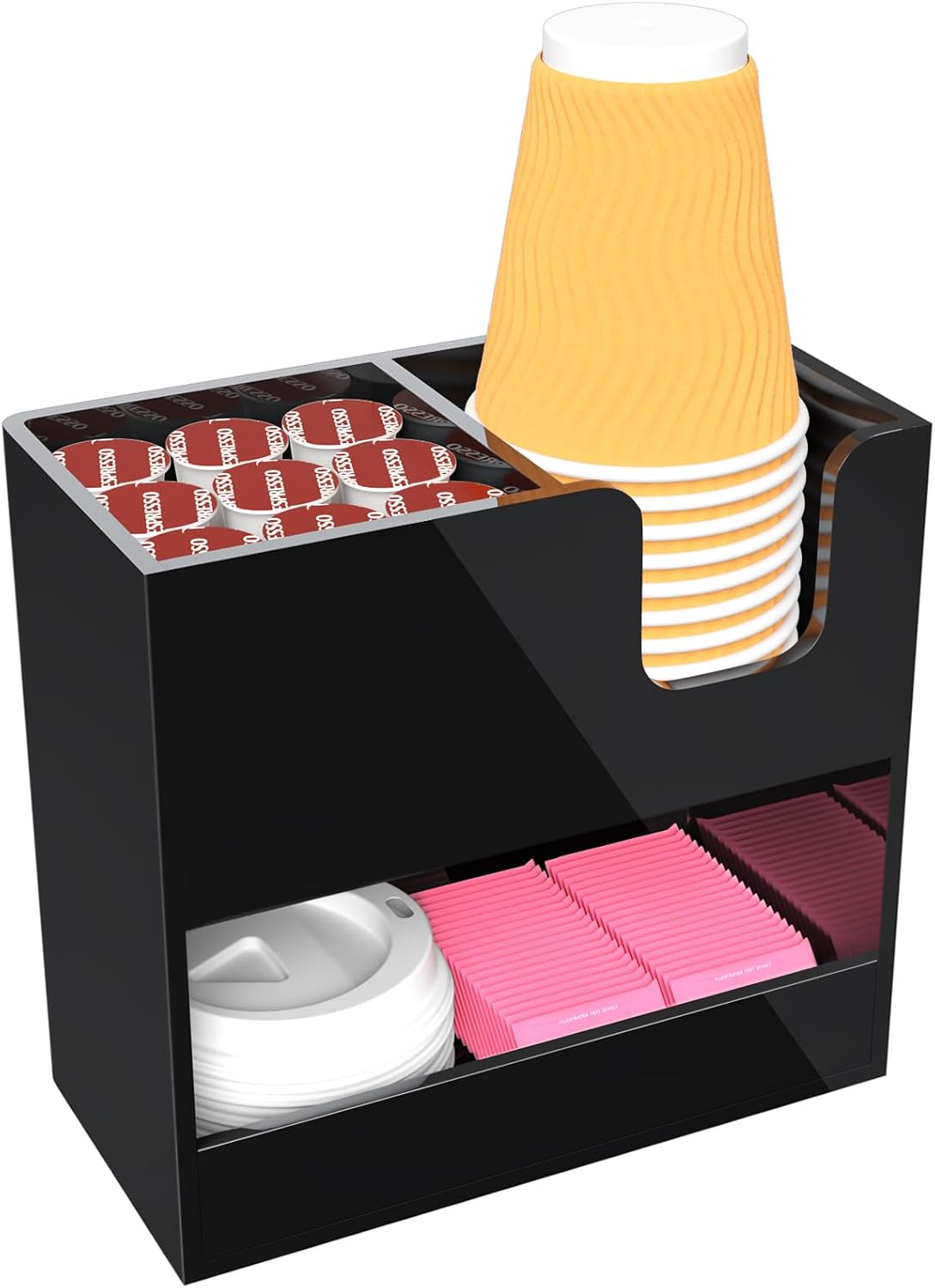 Organiz. tazas café y condimentos 2 niveles acrílico negro