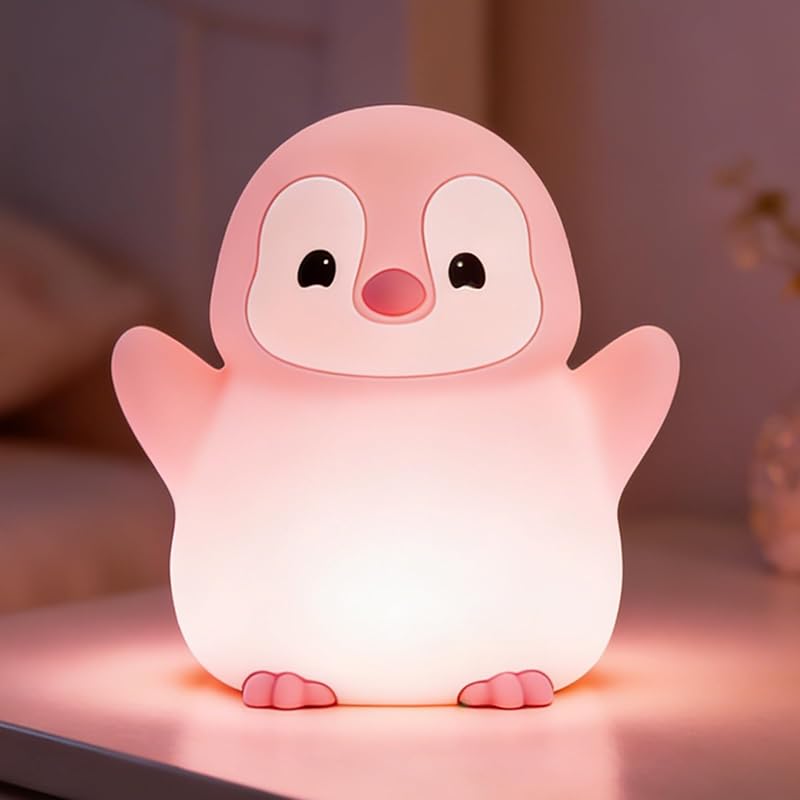 Luz nocturna pingüino rosa suave para niños y bebés