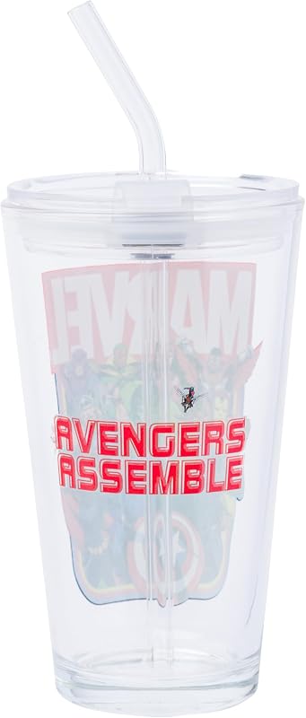 Vaso 16oz con tapa y popote cristal Marvel Avengers