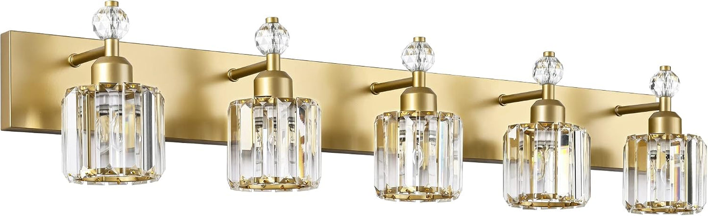 Lámpara tocador baño 5 cristales luces doradas modernas