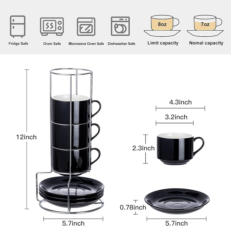 Set 4 Tazas Capuchino Porcelana con Soporte Metal Apilables