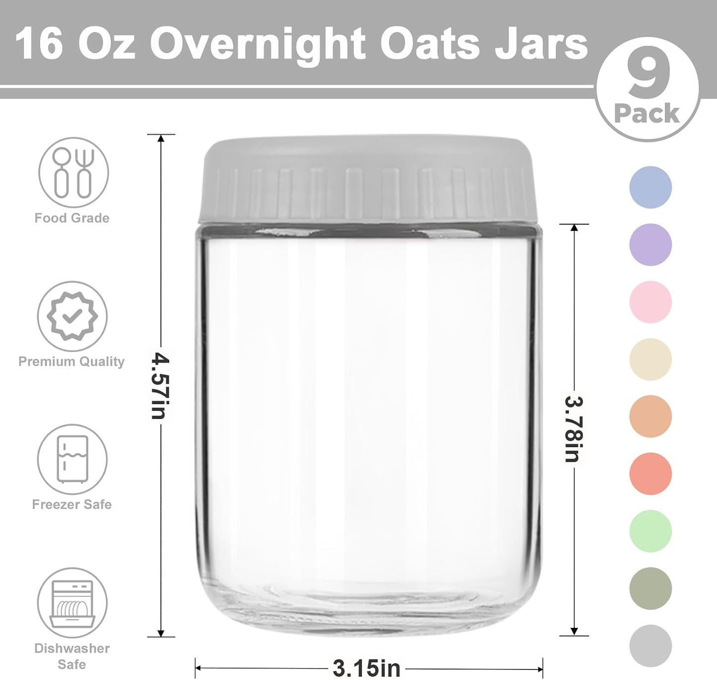 9 Tarros Vidrio 16oz Boca Ancha Tapas Herméticas para Avena