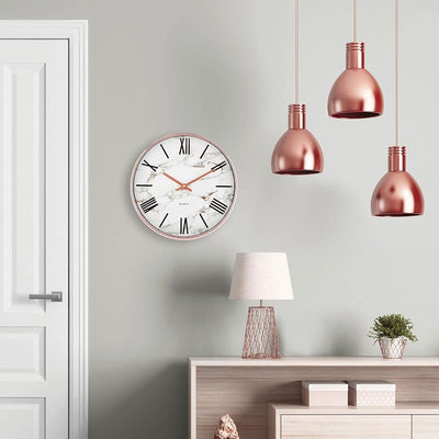 Reloj pared 11.5pulg oro rosa números negros fondo mármol