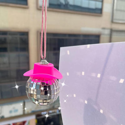 Adorno coche bola discoteca rosa espejo sombrero vaquero