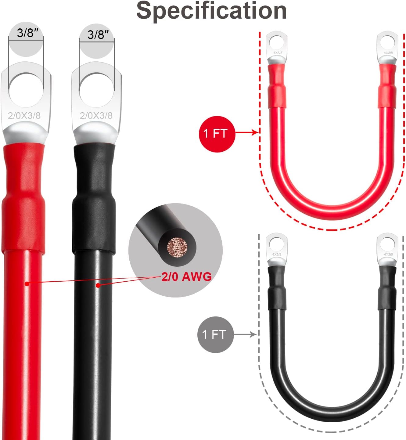 Set cables batería 2/0 AWG 1 pie terminales 3/8"