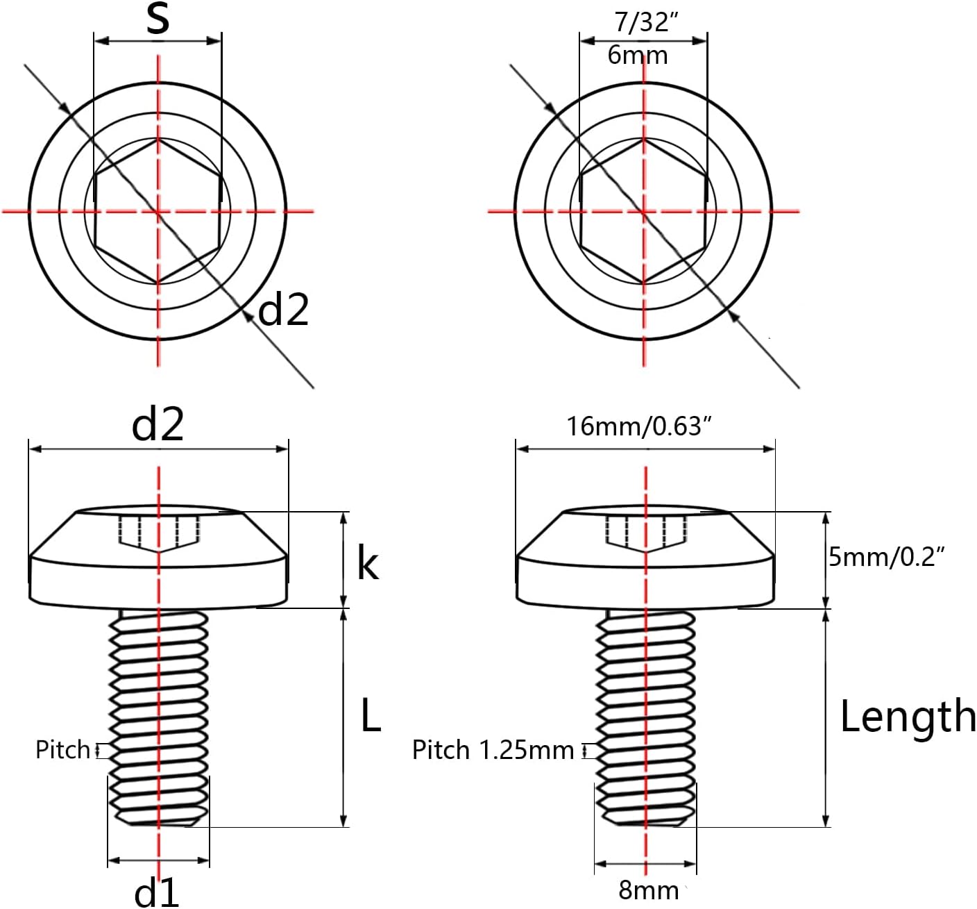 Cabeza paraguas titanio M8 x 0.787pulgada pack 4