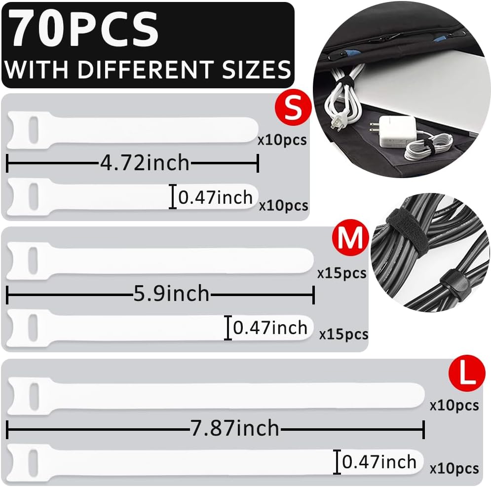 70 Pzas Bridas Cable Reutilizables Blancas con Gancho