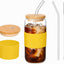 Taza vidrio con tapa bambú pajilla 16oz silicona amarillo
