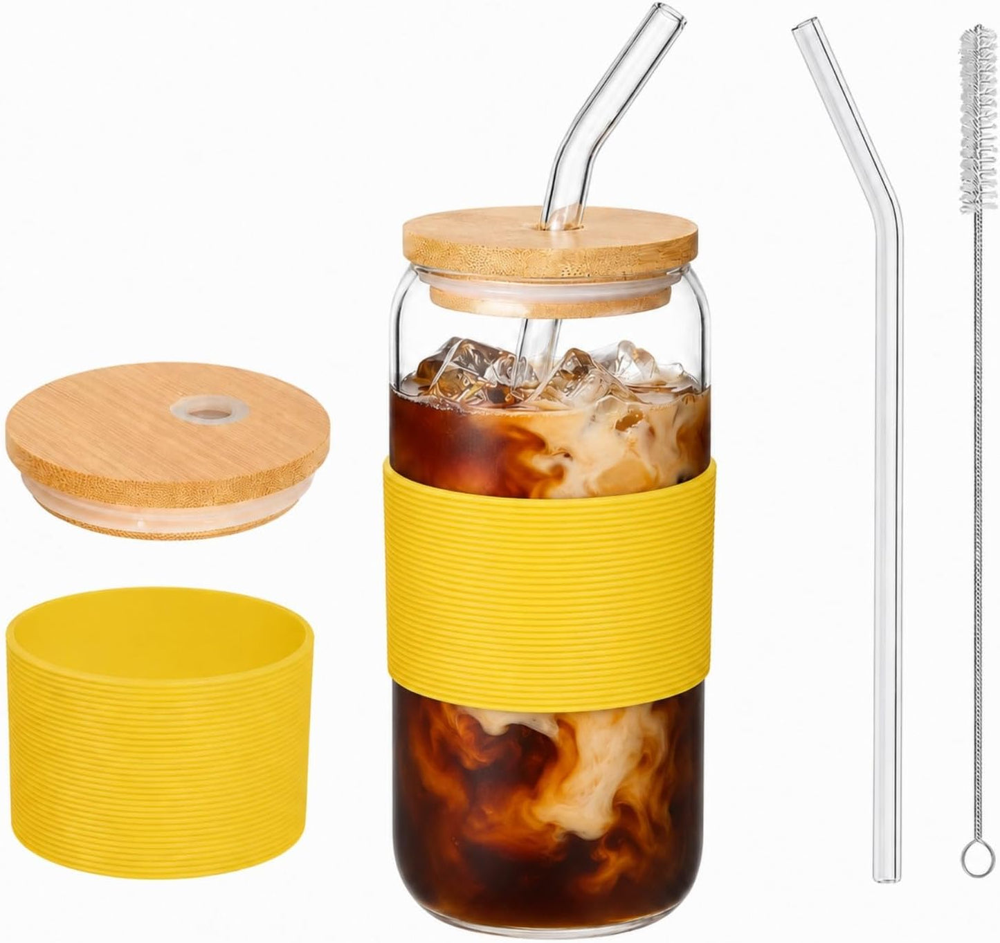Taza vidrio con tapa bambú pajilla 16oz silicona amarillo