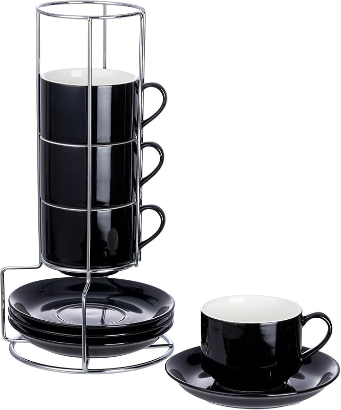 Set 4 Tazas Capuchino Porcelana con Soporte Metal Apilables
