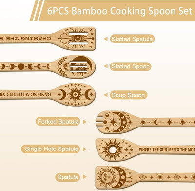 Set 6 cucharas bambú diseño sol luna espátula cocina