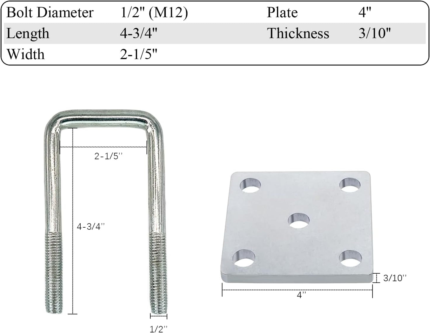 Kit 2 Pzas Pernos U Cuadrados para Eje Remolque Barco 12cm