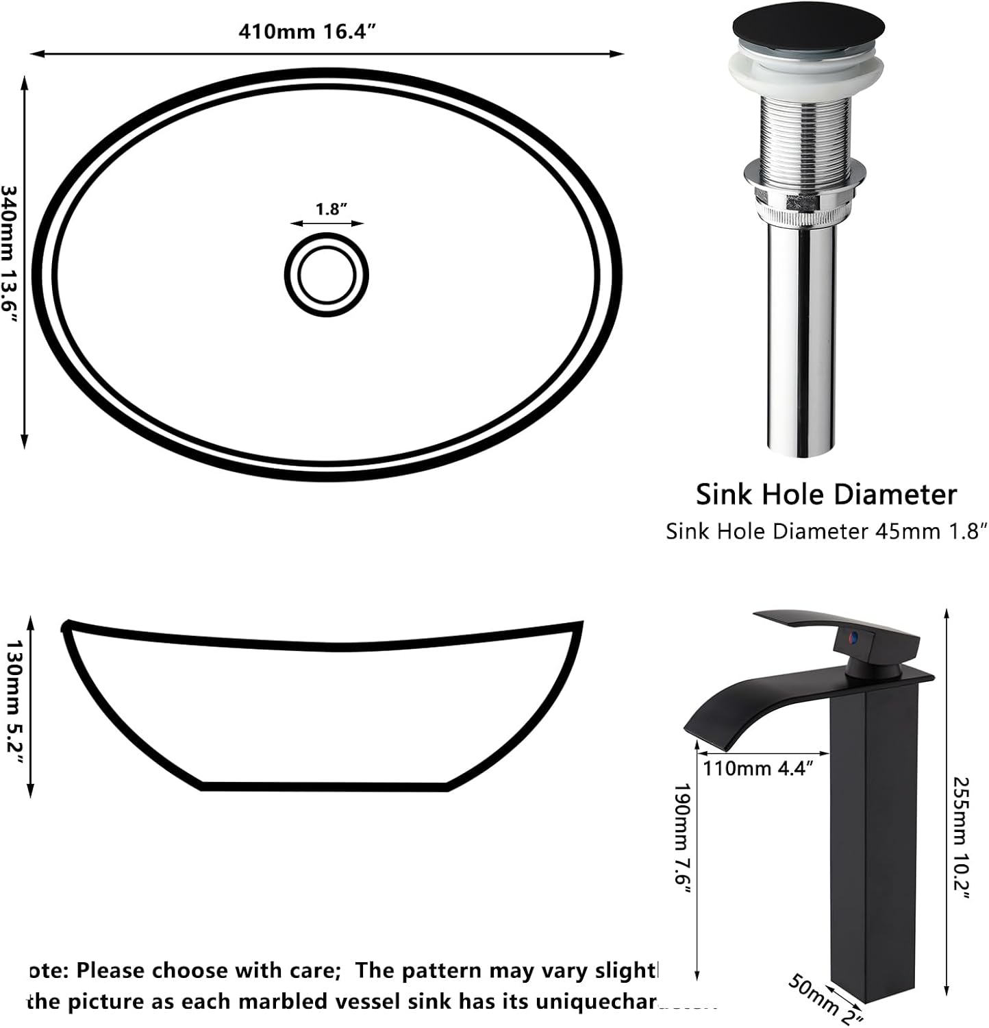 Lavabo ovalado 16" color negro con grifo de latón