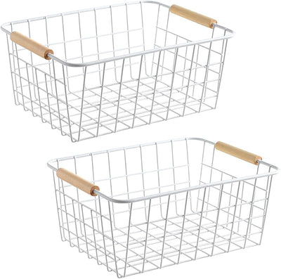 Cestas alambre blanco con asas madera para organizar hogar