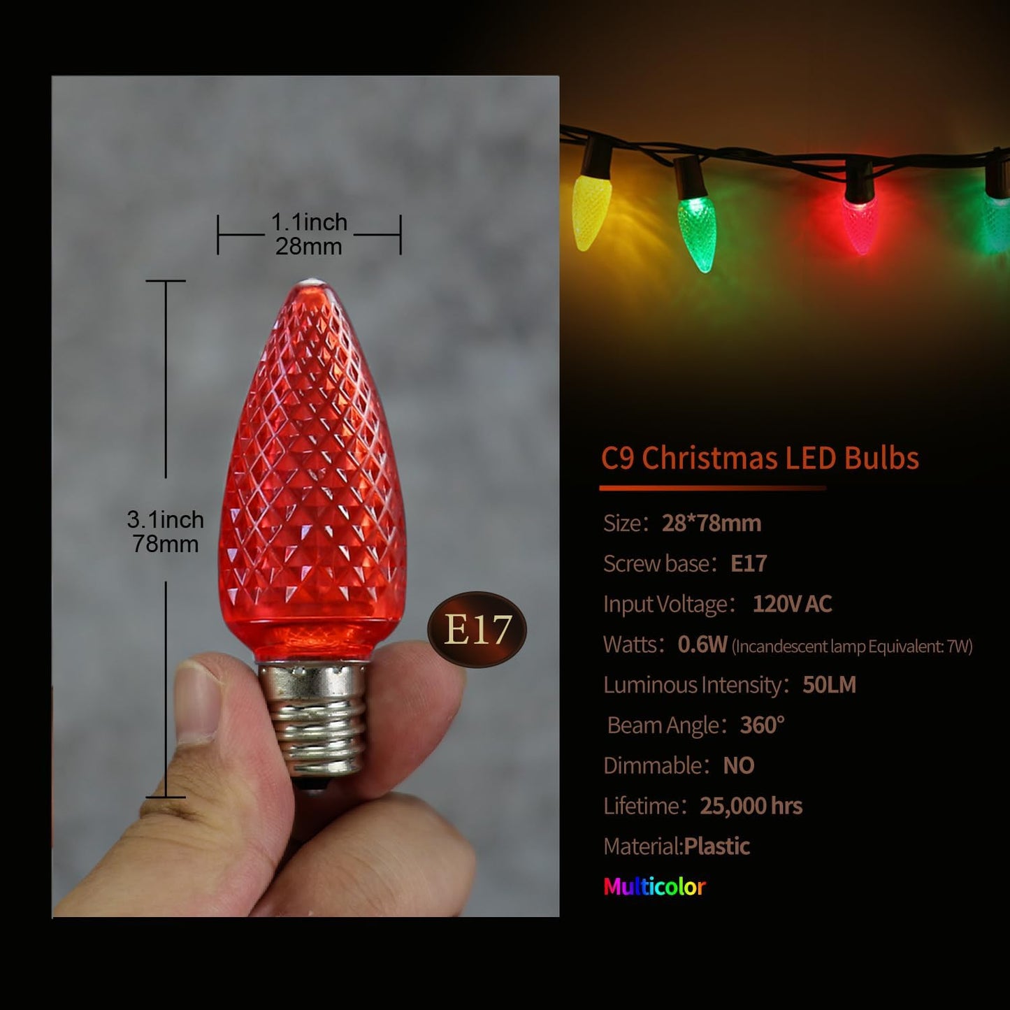25 Pzas Bombillas LED C9 E17 Multicolor para Navidad