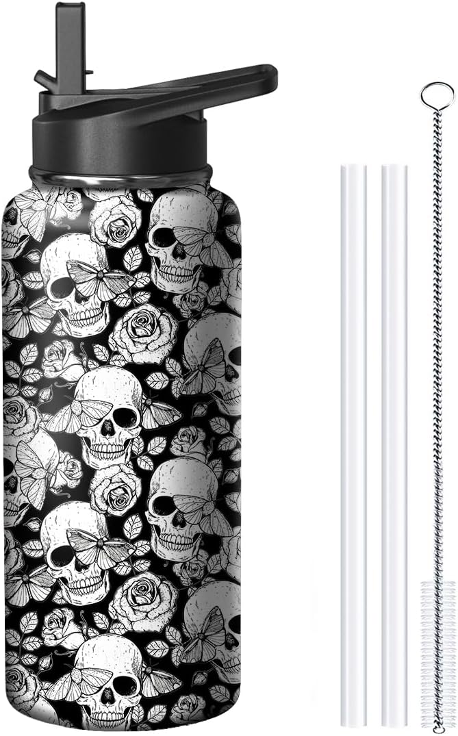 Botella agua acero inox calavera pajita 18oz regalo