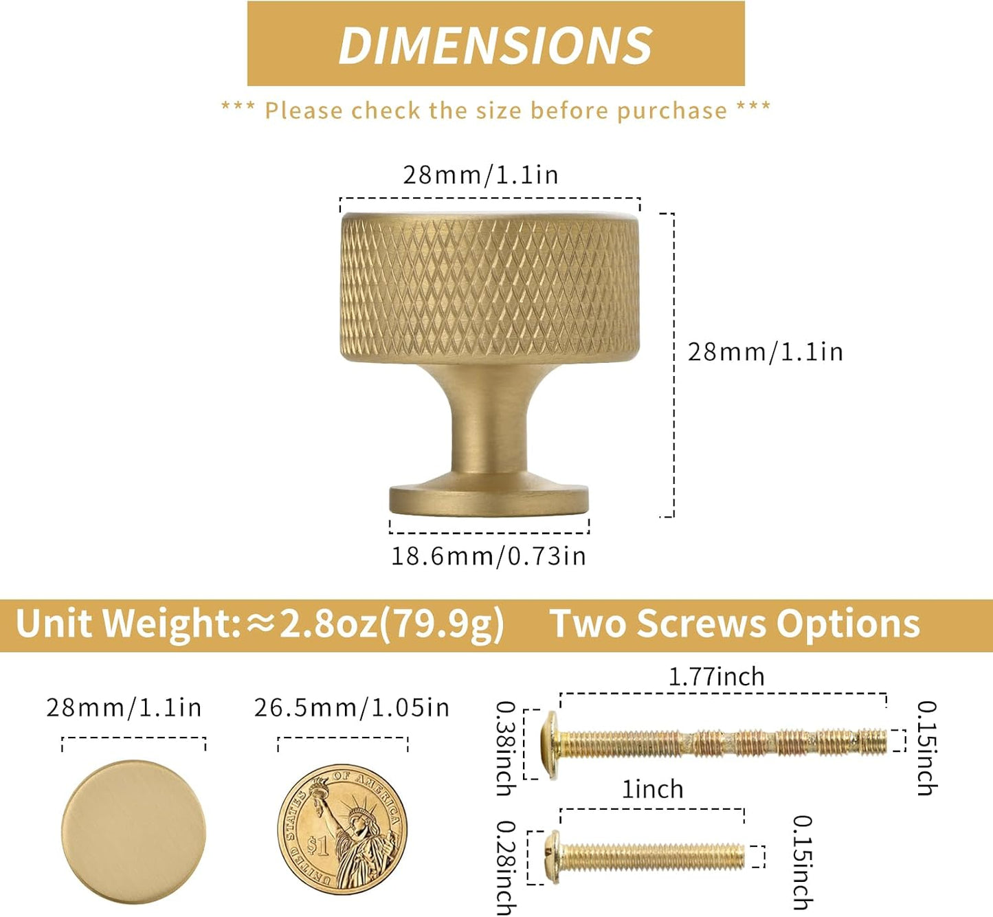 5 Manijas Latón Sólido Pomos Oro Cepillado