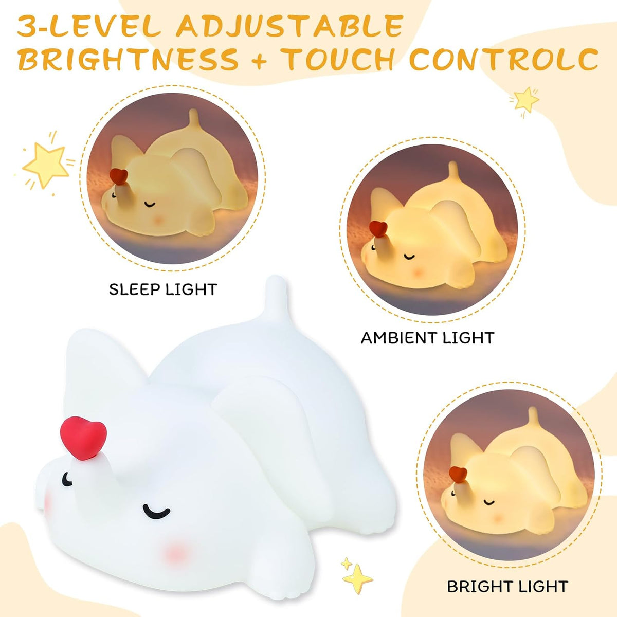Luz Nocturna Elefante Silicona Táctil 3 Niveles Recargable Bebé