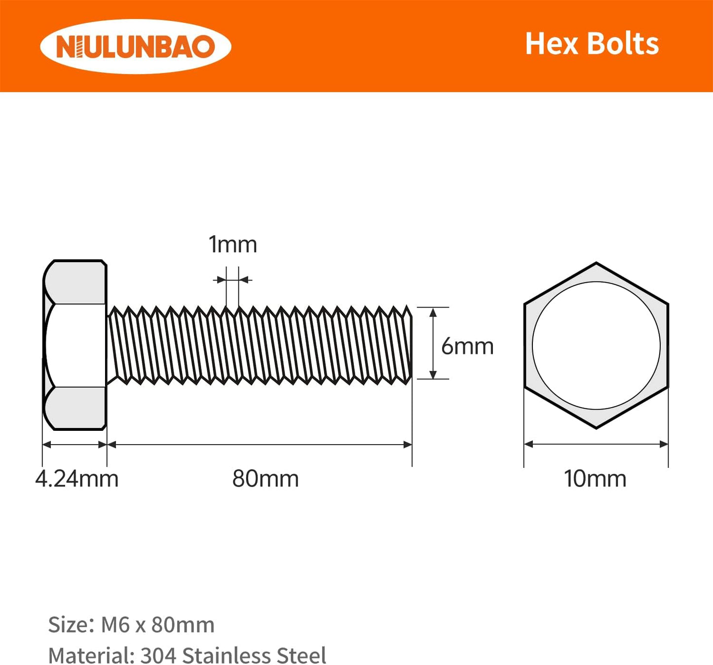 Tornillos hex M6-0.039 x 3.15pulg acero inox 304 brillante 10uds